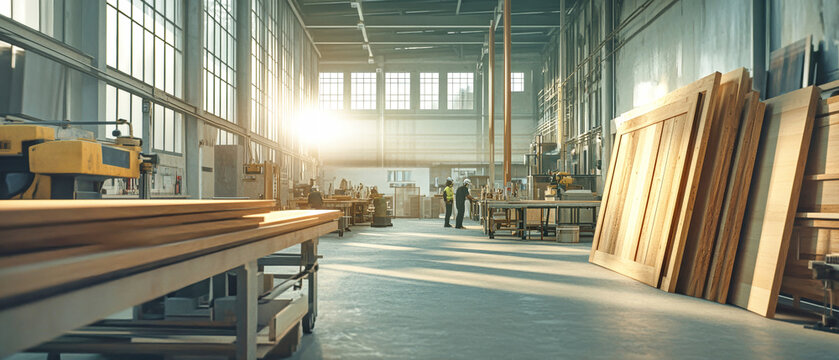 Brightly lit carpentry workshop featuring workers and wooden projects during the day with modern features and a wide-angle perspective