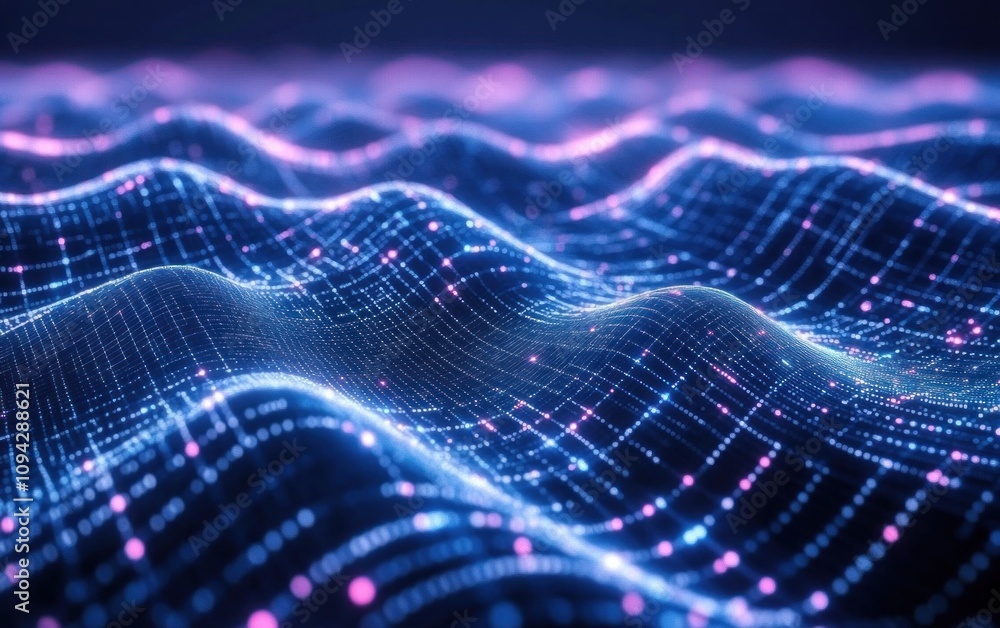 Poster abstract digital landscape with glowing nodes and lines forming undulating waves.