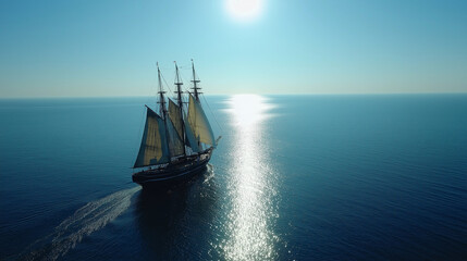 Obraz premium A sailing ship at dawn sails far out into the ocean.