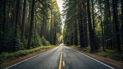 Fototapeta premium Asphalt road stretching into the forest with tall trees on both sides, rural, outdoor, natural scenery