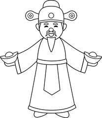 Chinese god of wealth holding gold ingot outline vector.
Cute Chinese God of Wealth coloring drawing SVG.
Happy Chinese lunar new year. 
Transparent background.