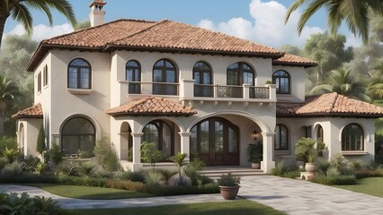 Luxury castle like traditional house with a big lawn in front of the house, exterior design of castle house with elegant front elevation design