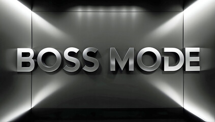 Bold Metallic Boss Mode Text With High Contrast Lighting Reflecting On A Sleek Modern Black Background In A Cinematic Style