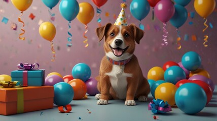 dog with a birthday cake and a party hat