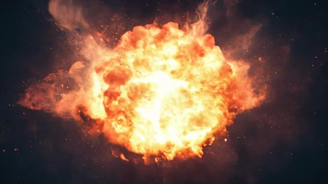 Intense explosion with large fireball and smoke cloud, capturing the dramatic and powerful visual impact of a fiery blast.