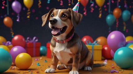 dog with a birthday cake and a party hat