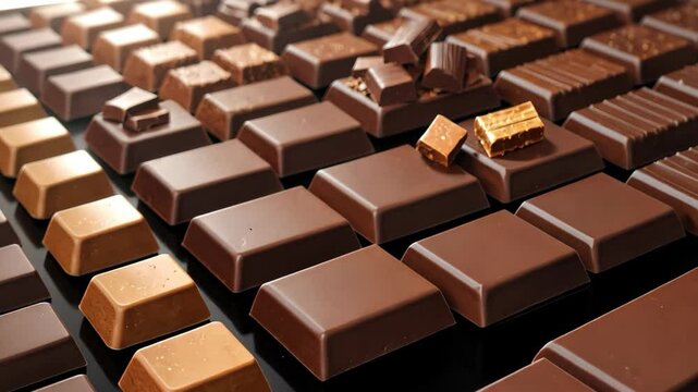 Video footage of array of diverse chocolate bars, varying in shapes, sizes, and textures, with some bars broken, highlighting their rich and appealing look.