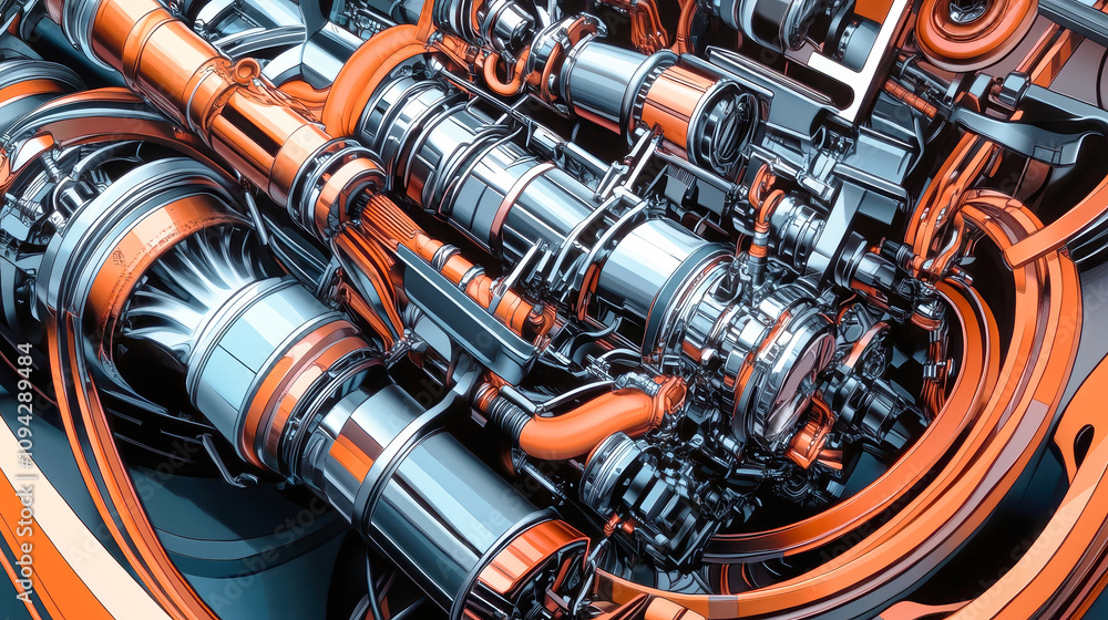 Poster intricate exploration of engine design showcasing hyper-realistic internal pipes and structural deta