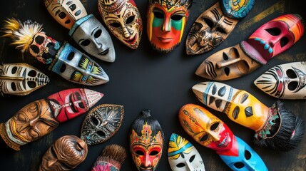 A set of diverse cultural masks displayed in a circular formation, Illustrating the richness of global heritage and unity, minimalist composition