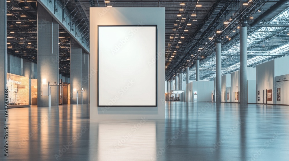 Poster a spacious art gallery featuring a large blank canvas on display.