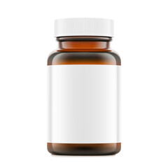 Brown glass wide mount bottle with screw cap and label mockup for treats, vitamins, supplements isolated on white background. Vector illustration. Ready for your design. EPS10.	
