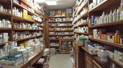Fototapeta premium Well-Arranged Medication Shelves in a Pharmacy