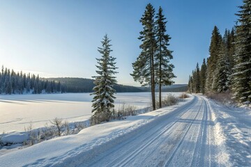 Fototapeta premium A serene winter landscape featuring a snow-covered road alongside tall evergreen trees and frozen lakes, evergreen trees, snowy landscapes, winter landscape,