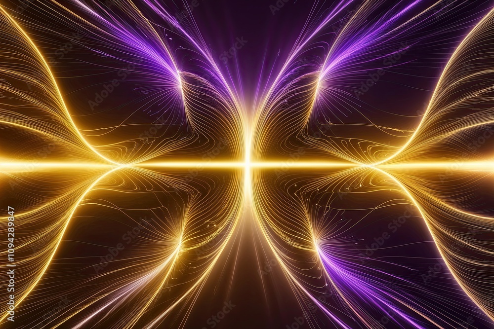 Poster vibrant gold and violet energy wave patterns with dynamic motion and illuminating glow