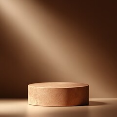 Minimalist Wooden Pedestal Circular Display on Brown Background with Elegant Design and Soft Lighting for Product Presentation