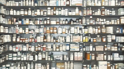 Pharmacy Storage Shelves with Varied Medicines