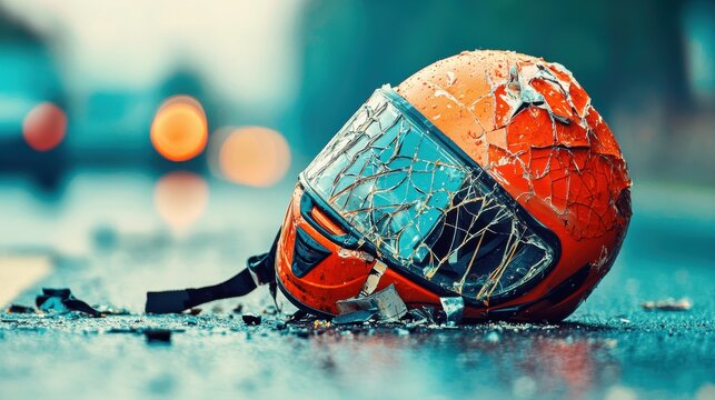 Motorcycle accident aftermath a cracked helmet on the road urban environment photography street view safety awareness