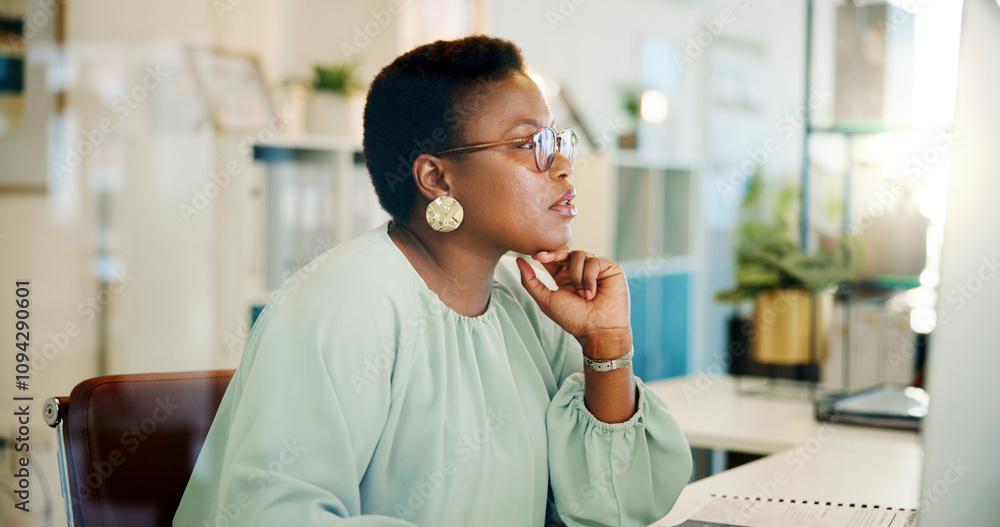 Aufkleber black woman, office and computer with working and blog post for digital journalist at creative agenc