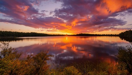 Colorful Sunset Over Serene Lake with Vibrant Reflections and Dramatic Clouds
