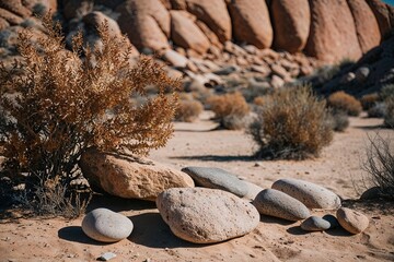 Desert Rocky Landscape with Dry Plants and Stones