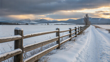 Snow-covered countryside with wooden fence and dirt road leading to mountains at sunset
