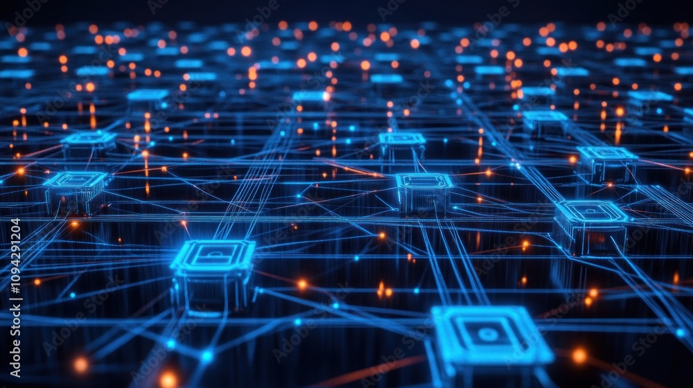 Poster abstract digital network, glowing nodes and connections.