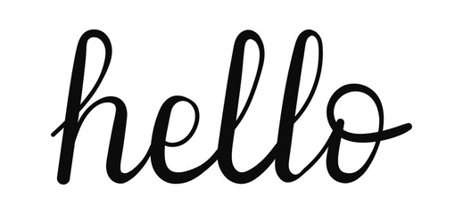 Word hello is stylized in an elegant hand drawn cursive font, featuring smooth connections. The bold black lettering on white backdrop.