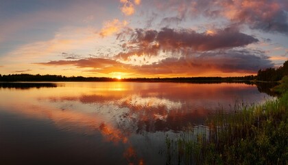 Obraz premium Colorful Sunset Over Serene Lake with Vibrant Reflections and Dramatic Clouds