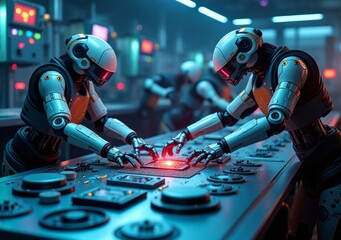 Robots working diligently in a futuristic control room