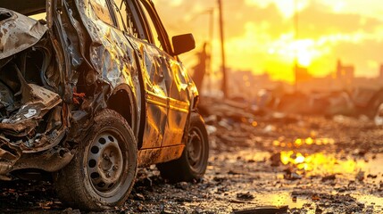 Abandoned wrecked car empty parking lot photography urban environment side view desolate scene highlighting neglect