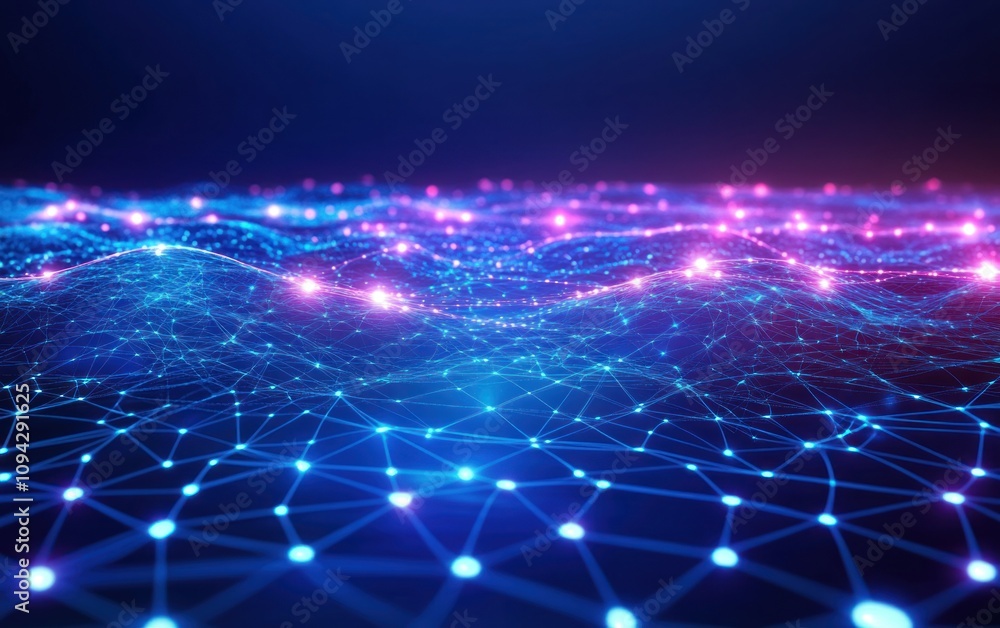 Poster abstract digital network landscape with glowing nodes and connections.
