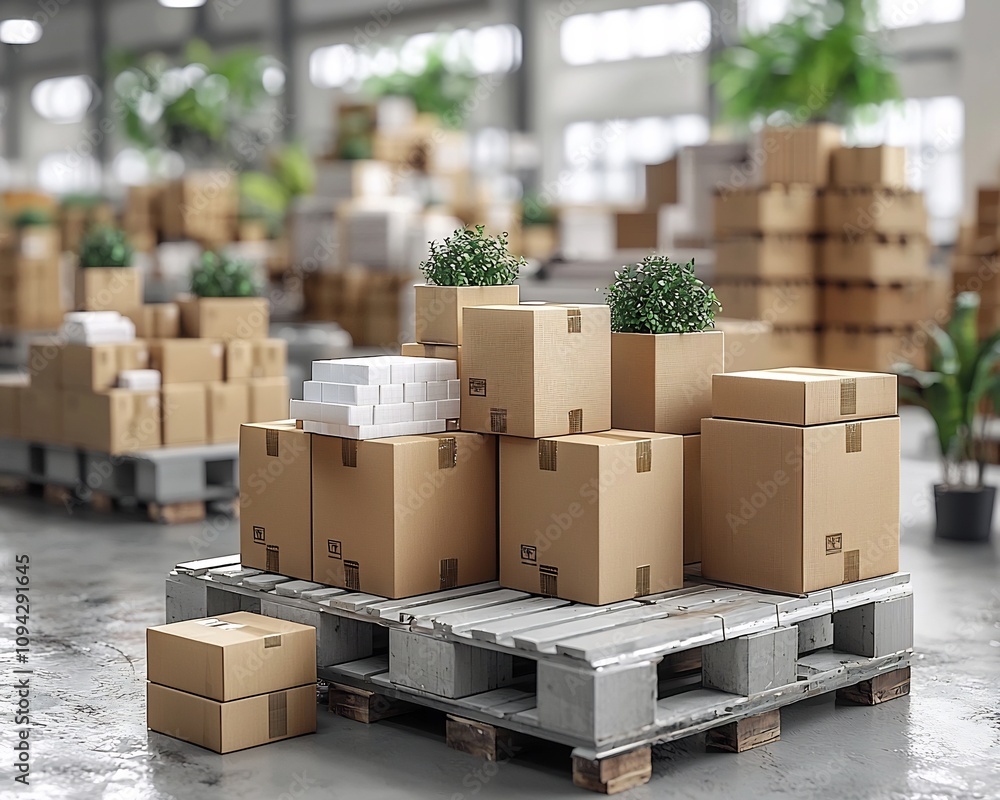 Poster factory workers packaging products for wholesale distribution with stacked crates in background