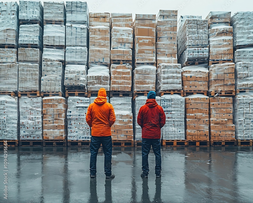 Poster factory workers packing products for wholesale distribution with stacked crates on clean white backd