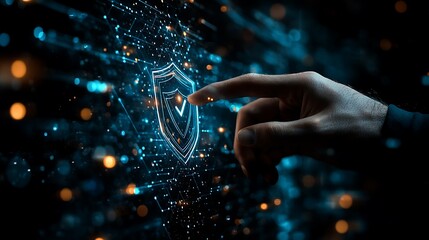 Businessman touching virtual shield and check mark icon