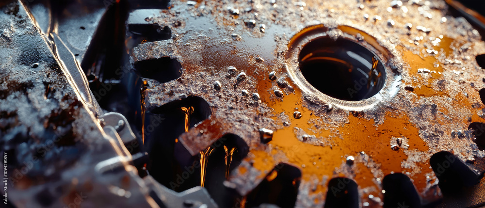 Poster sleek gear with oil splashes creates a dynamic contrast against a rustic engine backdrop in vivid cl
