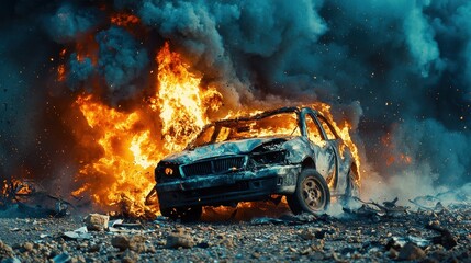 Fiery collision aftermath smoke rising from car hood at crash site dramatic scene in urban environment action-packed event for news coverage