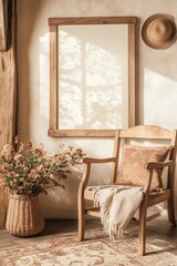 Rustic Wooden Chair  Dried Flowers  Blank Frame  Boho Decor