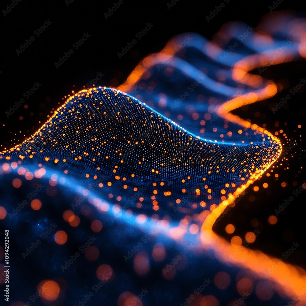 Poster glowing connectivity threads flow in a dynamic data visualization graph