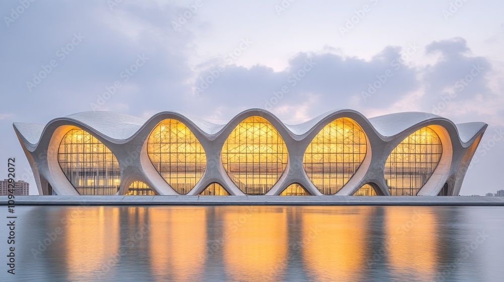Poster a modern architectural structure with flowing lines and illuminated windows reflecting in water.