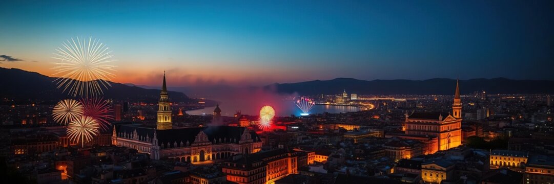 Aerial view of masclet? fireworks lighting up the cityscape at dusk creating a kaleidoscope of colors, nighttime, fireworks display, cityscape