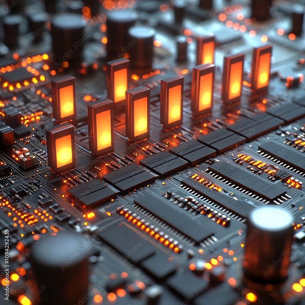 Poster glowing 3d graph bars rising from circuit board symbolizing technological progress and growth