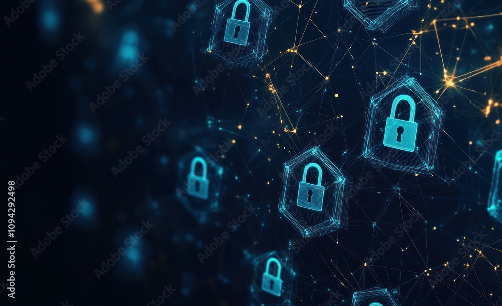 Aufkleber abstract digital network security concept with glowing padlock icons and connecting lines.