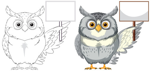 Owls Holding Blank Signs Illustration