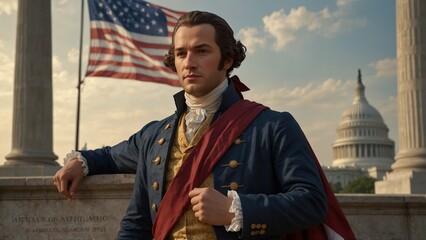 Statue of Alexander Hamilton: Hamilton standing before the U.S. Capitol, holding the Constitution, with 18th-century American Revolution and the flag in the background.