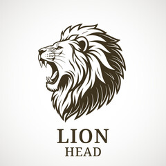 Lion head. Vector logo of a wild animal with growling mouth. Clear editable lines. The lion's grin as a symbol of strength, courage, and power. Lion heraldic symbol - high moral qualities and nobility