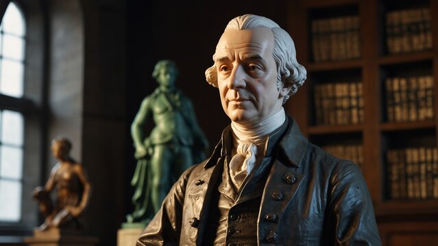 Statue of Adam Smith: Adam Smith holding The Wealth of Nations, with 18th-century trade scenes and economic charts in the background.