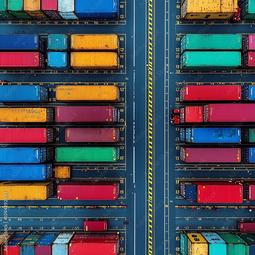 Poster aerial view of busy shipping container port with goods loading and unloading