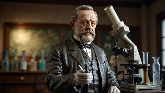 Statue of Louis Pasteur: Pasteur holding a microscope, standing in a laboratory, with microscopic images of bacteria and viruses in the background.