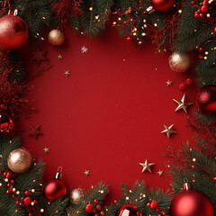 Red and gold Christmas tree ornaments sparkle on a festive winter background