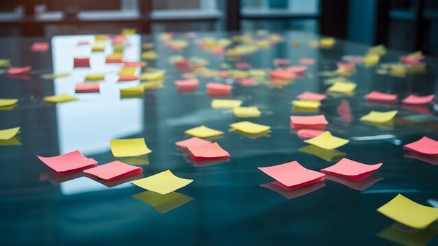 Colorful Sticky Notes Scattered on a Glass Table During a Brainstorming Session at an Office Setting